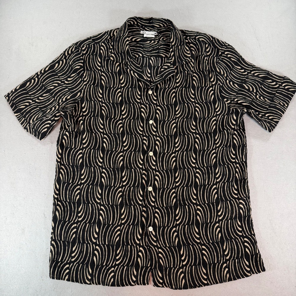 Zara Puckered Wave Print Shirt XL Black Tan Short Sleeve Button Up Lightweight